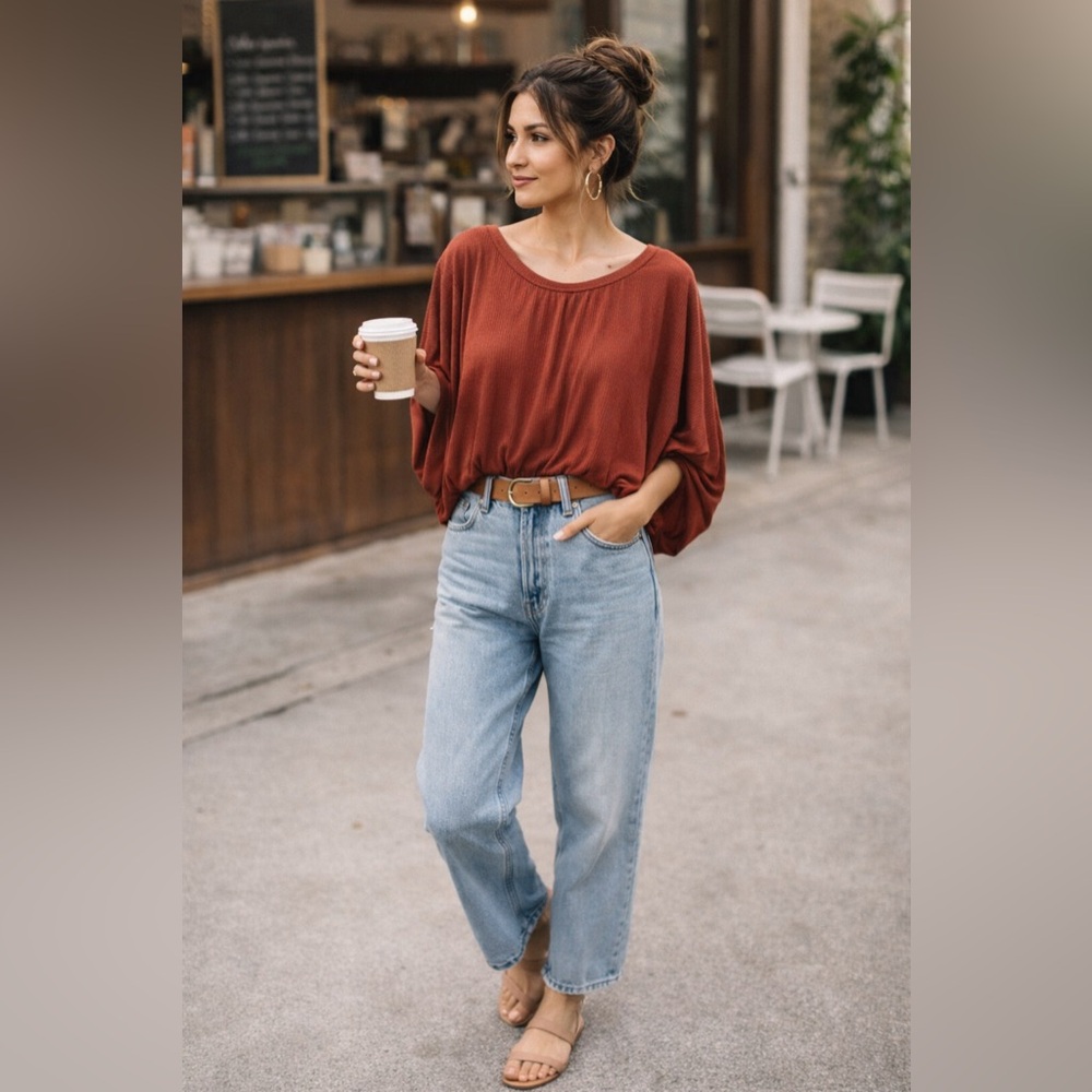 Free People FP Beach Rust Ribbed Batwing Top NWT Medium Boho Oversized - Picture 7 of 13